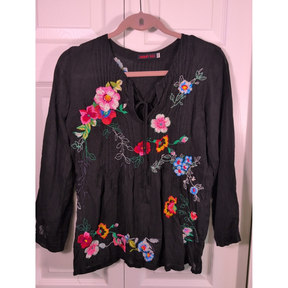 Johnny Was Embroidered Floral Blouse Black Boho Tunic Women's Tie Front XS